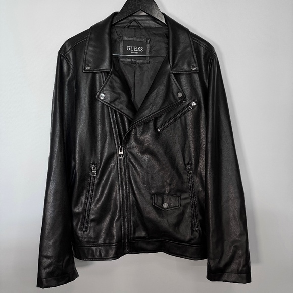 Guess - Black Faux Leather Moto Jacket w/ Zipper Pockets - Mens L - Picture 1 of 5